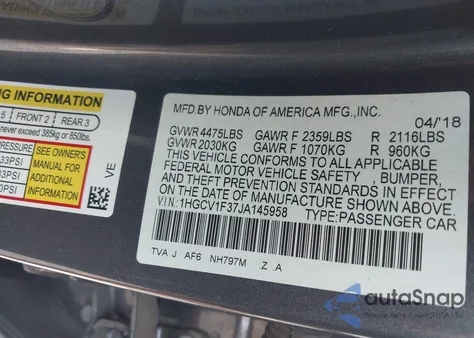 2018 Honda Accord Sport from USA, damaged, VIN 1HGCV1F37JA145958